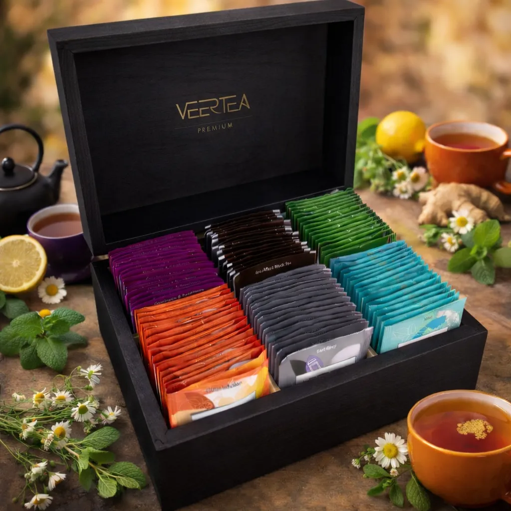 Zestaw Herbat VEERTEA Drewniana Czarna Zamykana Skrzynka 96 Saszetek